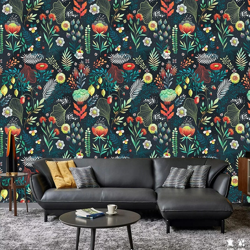 Leaves and Blooms on Dark Background Wallpaper Mural, Custom Sizes Available