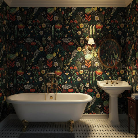 Image of Leaves and Blooms on Dark Background Wallpaper Mural, Custom Sizes Available