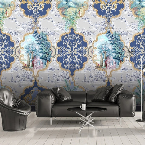 Image of Oversized Blue Wallpaper Motif Background Wallpaper Mural, Custom Sizes Available