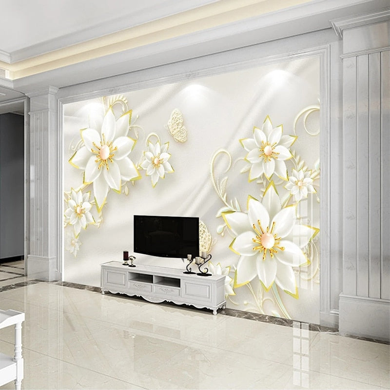 Elegant Gold Fringed Flowers Wallpaper Mural, Custom Sizes Available