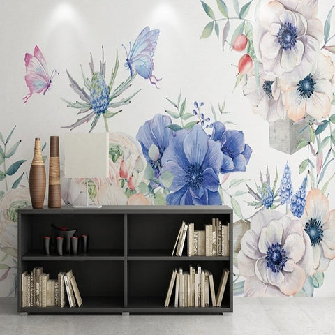 Image of Elegant Watercolor Butterflies and Flowers Wallpaper Mural, Custom Sizes Available