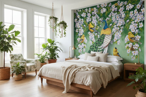 Image of Colorful Peacock, Finches and Apple Blossoms Wallpaper Mural, Custom Sizes Available
