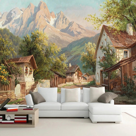 Image of Alpine Village Painting Wallpaper Mural, Custom Sizes Available