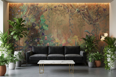 Image of Exquisite Retro Jungle Scene Wallpaper Mural, Custom Sizes Available