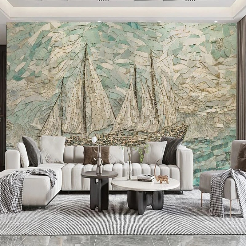 Exquisite Sailing Boats Mosaic Wallpaper Mural, Custom Sizes Available