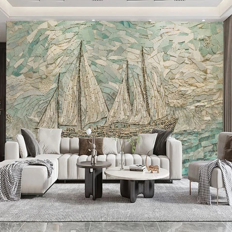 Image of Exquisite Sailing Boats Mosaic Wallpaper Mural, Custom Sizes Available