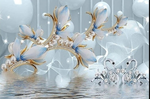 Image of Mural de papel tapiz de fondo perlado/dorado/azul, tamaños personalizados disponibles