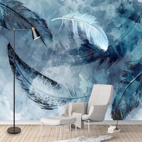 Image of Abstract Blue and White Feathers Wallpaper Mural, Custom Sizes Available Wall Murals Maughon's 