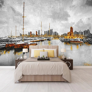 Abstract City Harbor Painting Wallpaper Mural, Custom Sizes Available