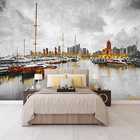 Image of Abstract City Harbor Painting Wallpaper Mural, Custom Sizes Available Wall Murals Maughon's