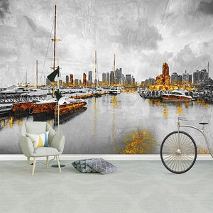Abstract City Harbor Painting Wallpaper Mural, Custom Sizes Available Wall Murals Maughon's Waterproof Canvas 
