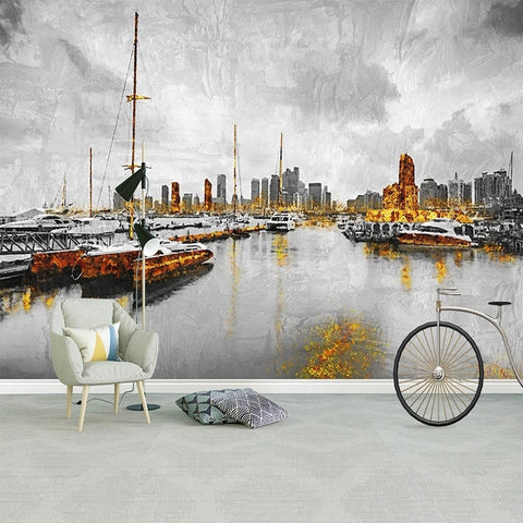 Image of Abstract City Harbor Painting Wallpaper Mural, Custom Sizes Available Wall Murals Maughon's Waterproof Canvas