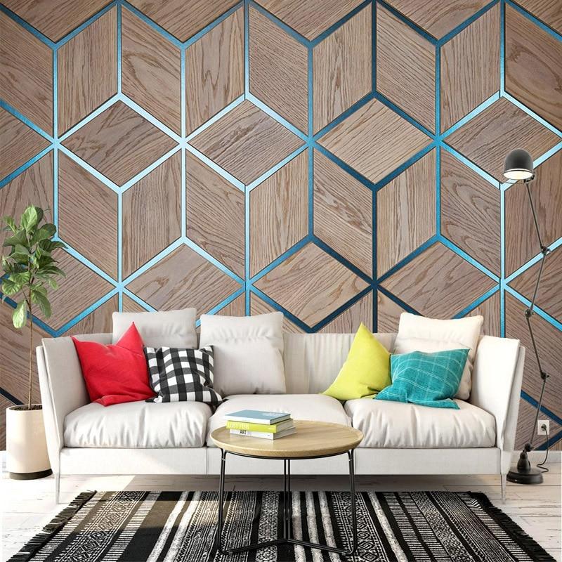 Abstract Geometric Wood Grain With Blue Grid Wallpaper Mural, Custom Sizes Available Household-Wallpaper Maughon's