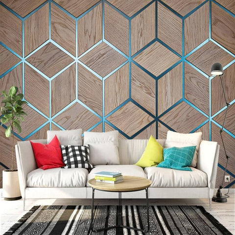 Image of Abstract Geometric Wood Grain With Blue Grid Wallpaper Mural, Custom Sizes Available Household-Wallpaper Maughon's