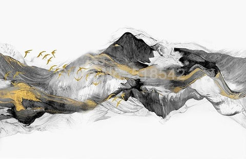Image of Abstract Mountains and Flying Birds Wallpaper Mural, Custom Sizes Available Wall Murals Maughon's