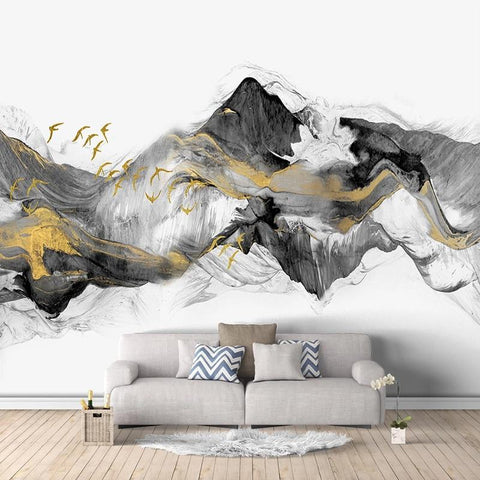 Image of Abstract Mountains and Flying Birds Wallpaper Mural, Custom Sizes Available Wall Murals Maughon's