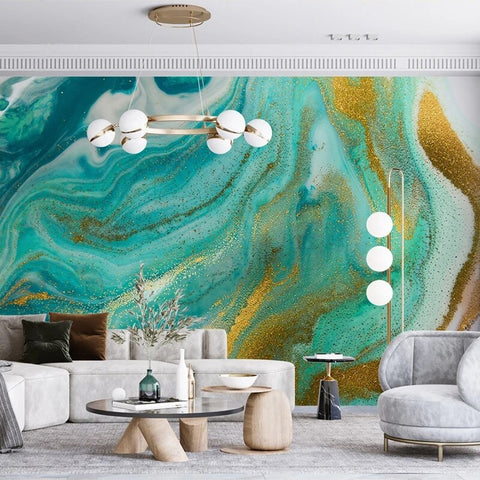 Image of Abstract Turquoise and Gold Wallpaper Mural, Custom Sizes Available Wall Murals Maughon's