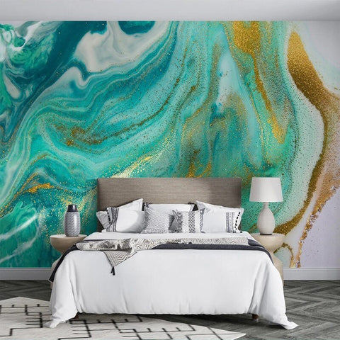 Image of Abstract Turquoise and Gold Wallpaper Mural, Custom Sizes Available Wall Murals Maughon's