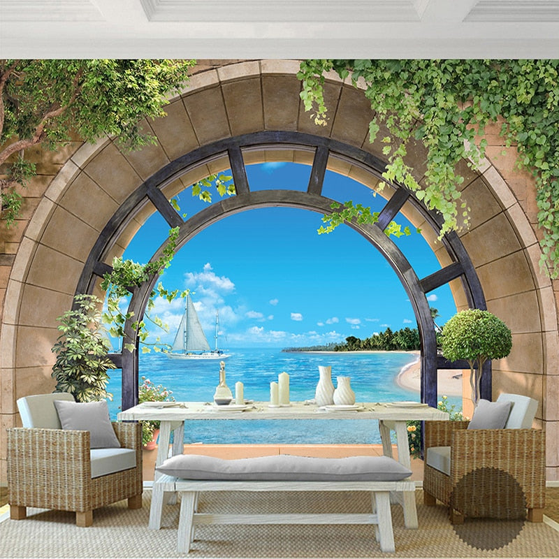 Arched Window Overlooking the Sea Wallpaper Mural, custom Sizes Available Maughon's