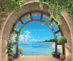 Arched Window Overlooking the Sea Wallpaper Mural, custom Sizes Available