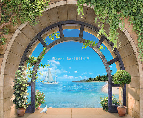 Image of Arched Window Overlooking the Sea Wallpaper Mural, custom Sizes Available Maughon's
