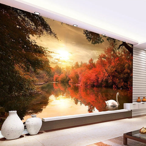 Image of Autumn Dusk on Swan Lake Wallpaper Mural, Custom Sizes Available Maughon's