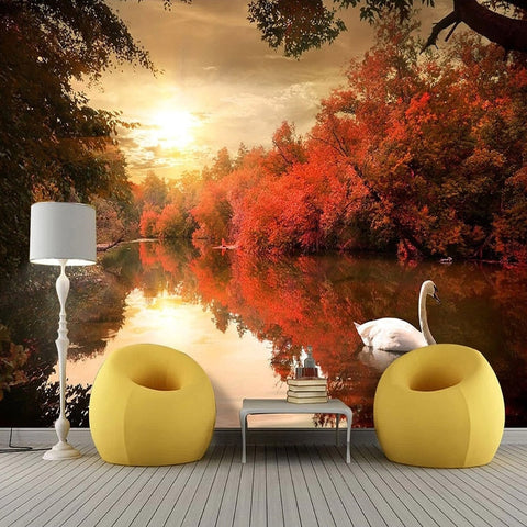 Image of Autumn Dusk on Swan Lake Wallpaper Mural, Custom Sizes Available Maughon's