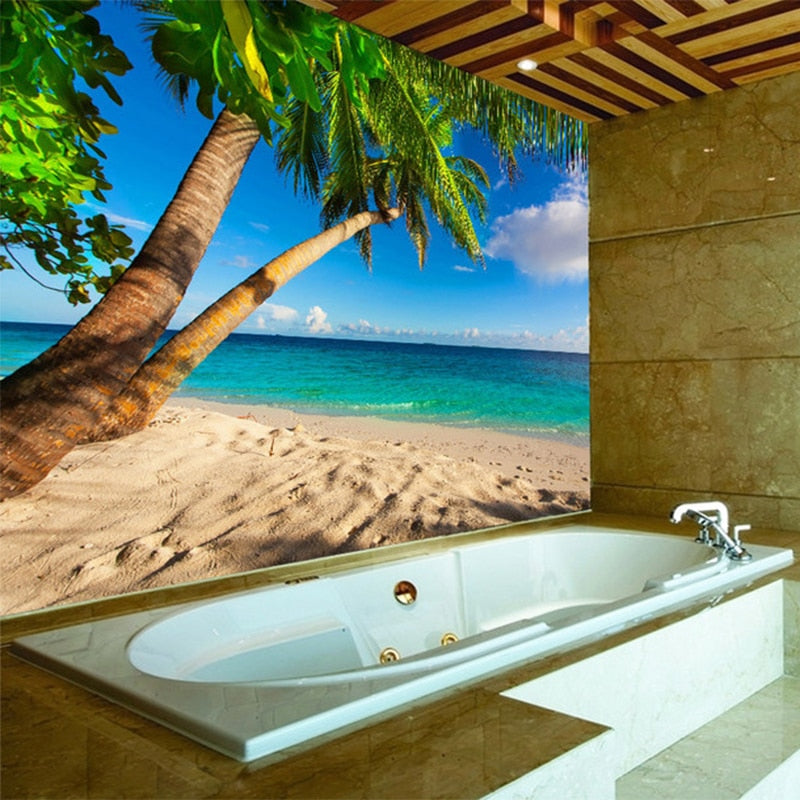 Awesome Beach With Coconut Tree Self Adhesive Bathroom Mural, Custom Sizes Available Wall Murals Maughon's