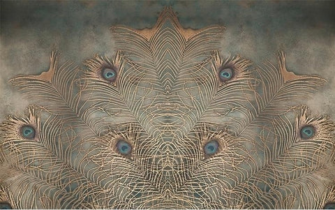 Image of Mural Plumas de pavo real sobre fondo gris, tamaños personalizados disponibles