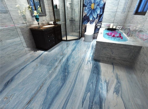 Image of Blue and White Marble-look PVC Vinyl Floor Mural, Self-Adhesive, Custom Sizes Available