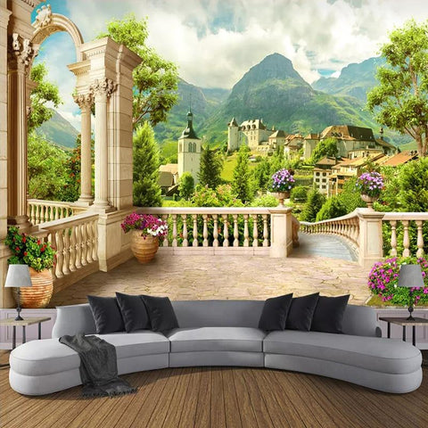 Image of Balcony Overlooking Village Wallpaper Mural, Custom Sizes Available Wall Murals Maughon's