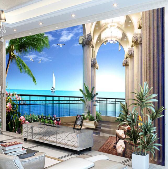 Balcony With Seaview Wallpaper Mural, Custom Sizes Available Household-Wallpaper Maughon's