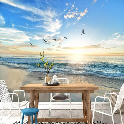 Image of Beach and Seagulls Wallpaper Mural, Custom Sizes Available Household-Wallpaper Maughon's 