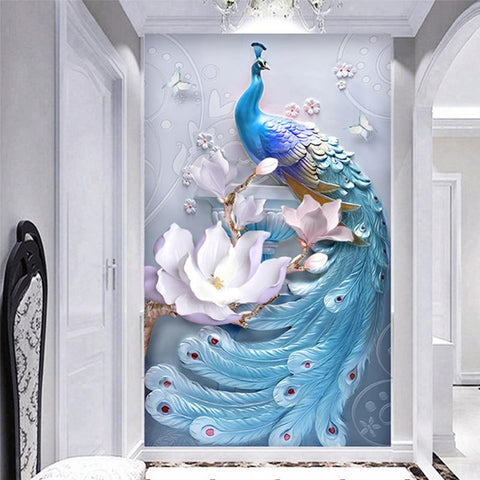 Image of Beautiful Blue Peacock With Flowers Wallpaper Mural, Custom Sizes Available Maughon's