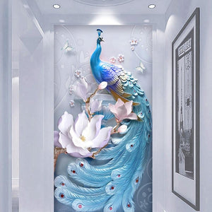 Beautiful Blue Peacock With Flowers Wallpaper Mural, Custom Sizes Available