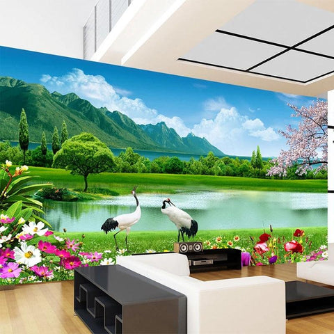 Image of Beautiful Lake and Mountains With Egrets Wallpaper Mural, Custom Sizes Available Household-Wallpaper Maughon's