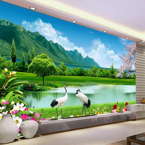 Image of Beautiful Lake and Mountains With Egrets Wallpaper Mural, Custom Sizes Available Household-Wallpaper Maughon's