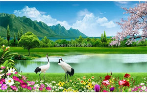 Beautiful Lake and Mountains With Egrets Wallpaper Mural, Custom Sizes Available