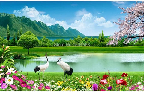 Image of Beautiful Lake and Mountains With Egrets Wallpaper Mural, Custom Sizes Available Household-Wallpaper Maughon's