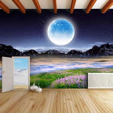 Image of Beautiful Moon, Mountains and Water Wallpaper Mural, Custom Sizes Available Wall Murals Maughon's