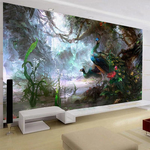 Image of Beautiful Peacock Forest Wallpaper Mural, Custom Sizes Available Household-Wallpaper Maughon's