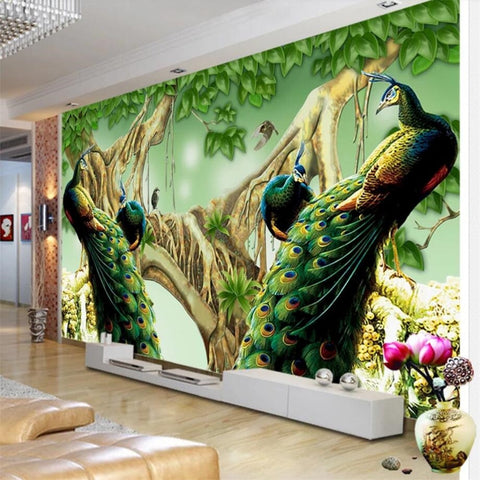 Image of Beautiful Peacocks and Peahens Wallpaper Mural, Custom Sizes Available Wall Murals Maughon's