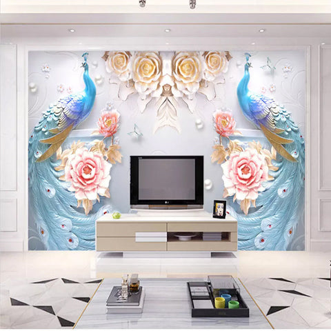 Image of Beautiful Peacocks and Roses Wallpaper Mural, Custom Sizes Available Maughon's