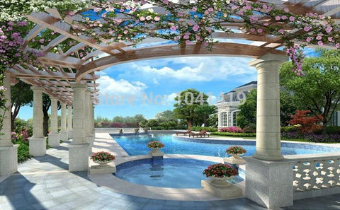 Image of Beautiful Poolside Trellis Wallpaper Mural, Custom Sizes Available Wall Murals Maughon's