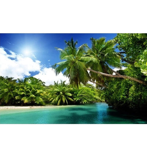Image of Beautiful Tropical Beach With Palm Trees Wallpaper Mural, Custom Sizes Available Wall Murals Maughon's