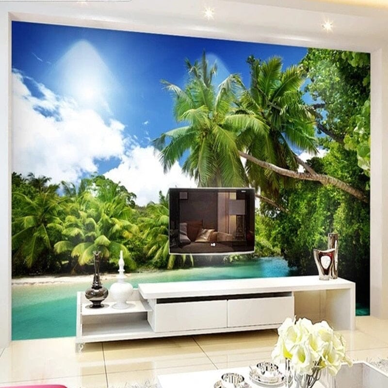 Beautiful Tropical Beach With Palm Trees Wallpaper Mural, Custom Sizes Available Wall Murals Maughon's Waterproof Canvas