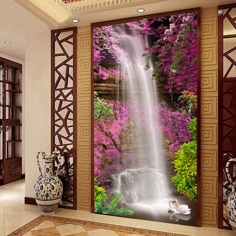 Image of Beautiful Waterfall and Pink Flowers Vertical Wallpaper Mural, Custom Sizes Available Wall Murals Maughon's Waterproof Canvas