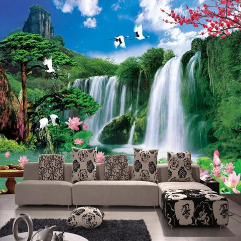 Image of Beautiful Waterfalls and Birds Wallpaper Mural, Custom Sizes Available Household-Wallpaper Maughon's