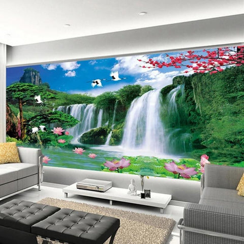 Image of Beautiful Waterfalls and Birds Wallpaper Mural, Custom Sizes Available Household-Wallpaper Maughon's