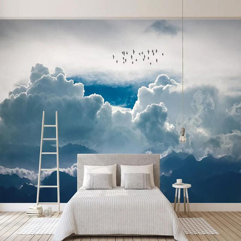 Image of Billowing Clouds and Birds Wallpaper Mural, Custom Sizes Available Wall Murals Maughon's